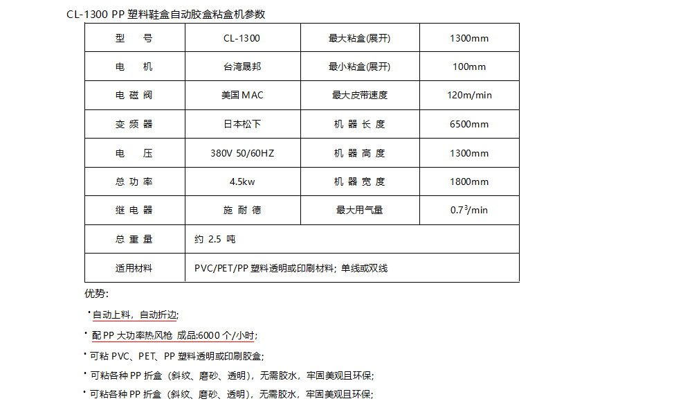 PP盒机参数